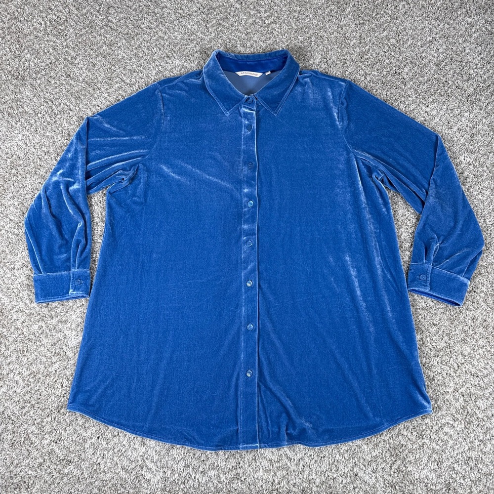 Soft Surroundings Shirt Womens 1X Blue Long Sleeve Collared Velvet Button Up